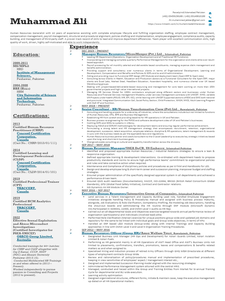 Muhammad Ali: HR Expertise & Experience | PDF | Human Resource ...