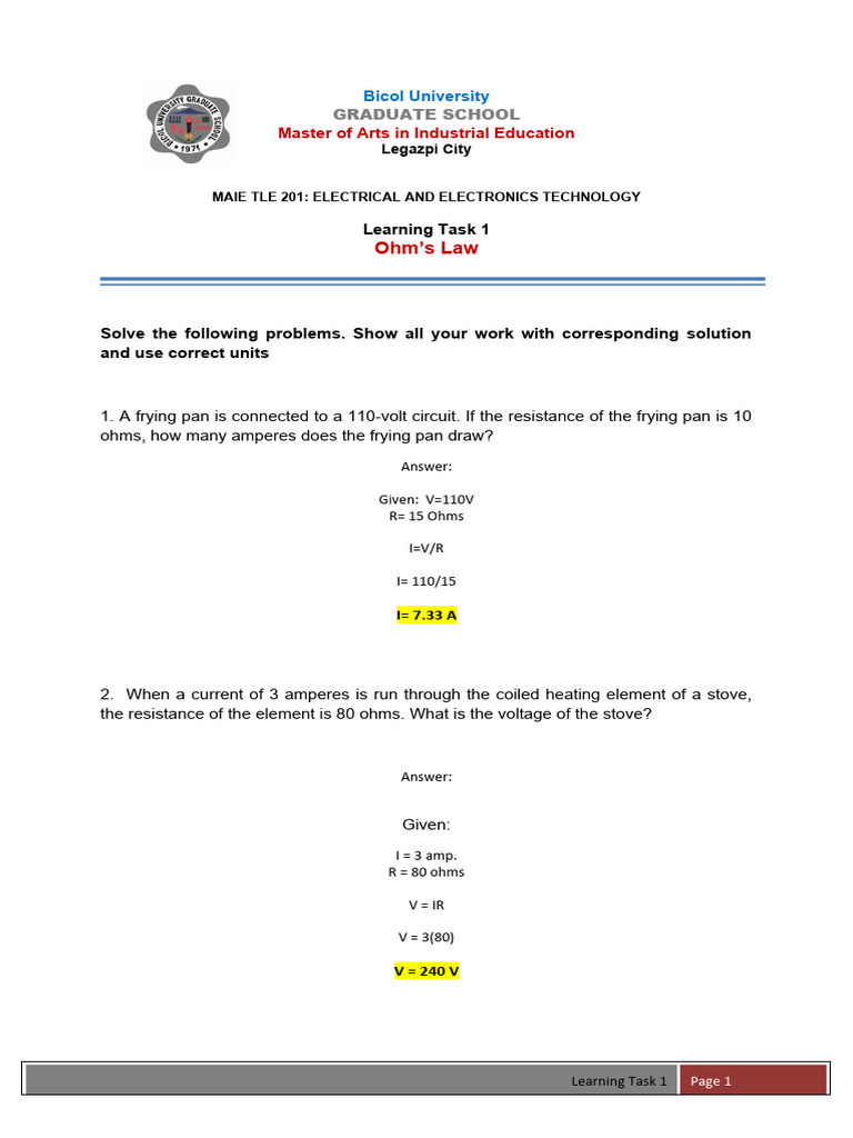 Ohms Law Learning Task 1 PDF Electrical Resistance And Conductance