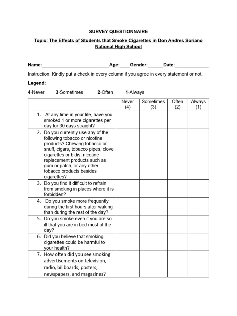 cigarette smoking survey questions Student Smoking Survey Questionnaire | PDF | Tobacco Smoking
