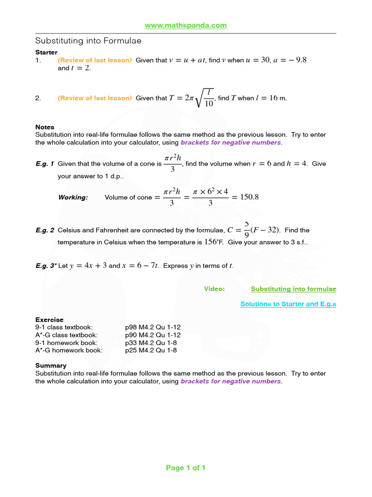 Substituting into formulae lesson pdf physical quantities metrology
