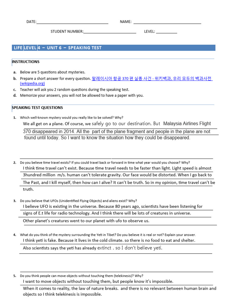 Unit 6 Speaking Test: Mysteries | PDF
