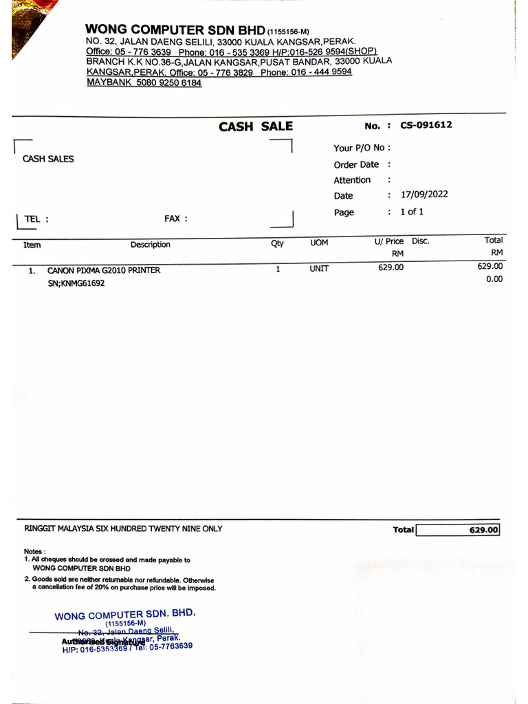 Resit Printer g2010 17.9.22 Wong Computer | PDF