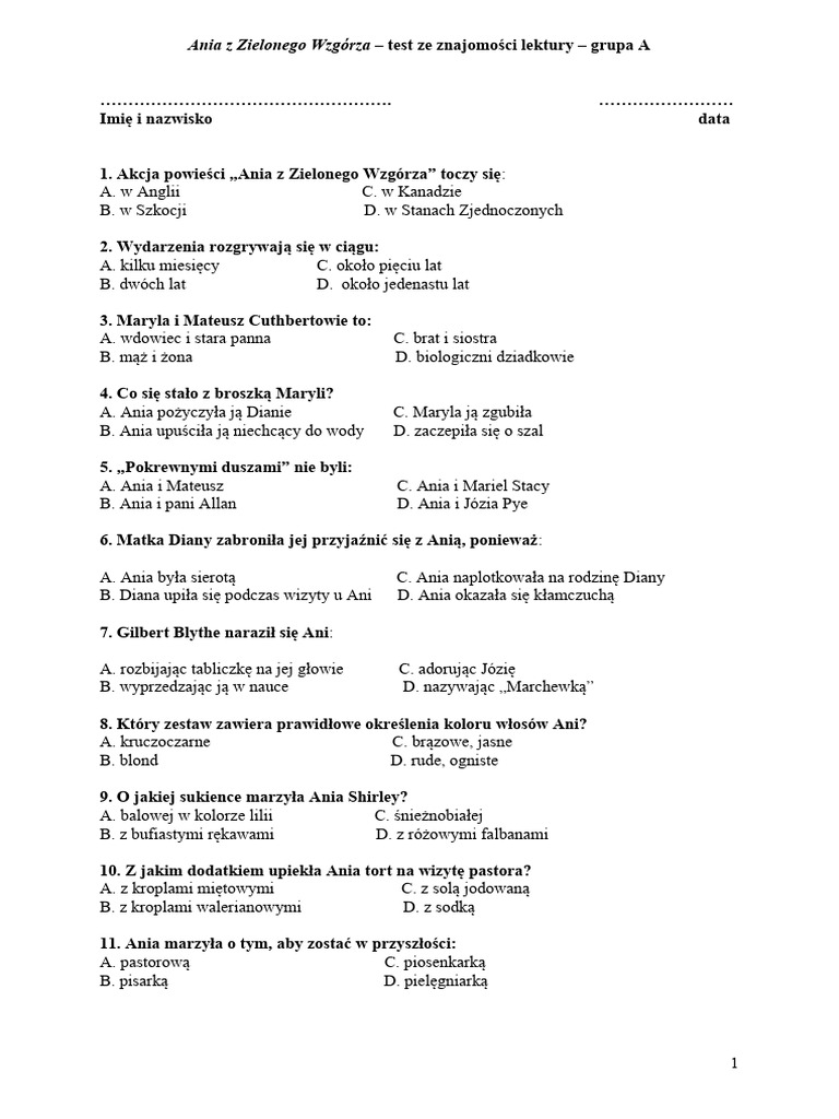 Ania Z Zielonego Wzgórza Test Klasa 5
