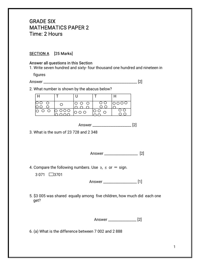 Grade 6 Mathematics Exam Paper 2 | PDF
