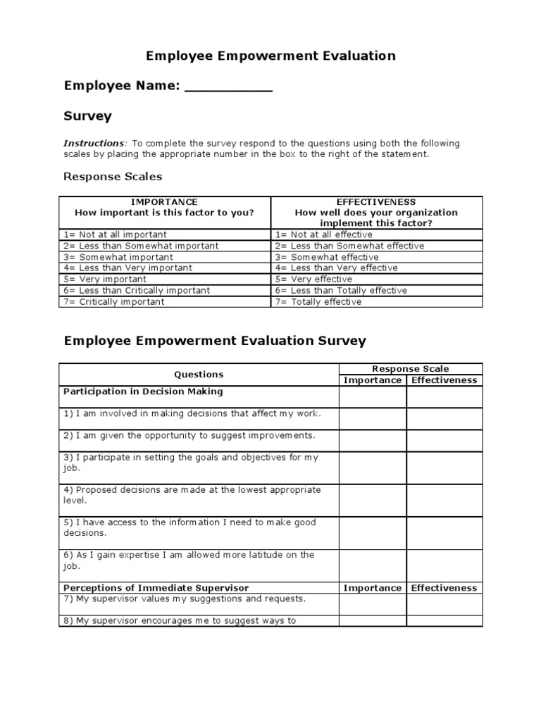 Employee Empowerment Questionnaire Decision Making Empowerment