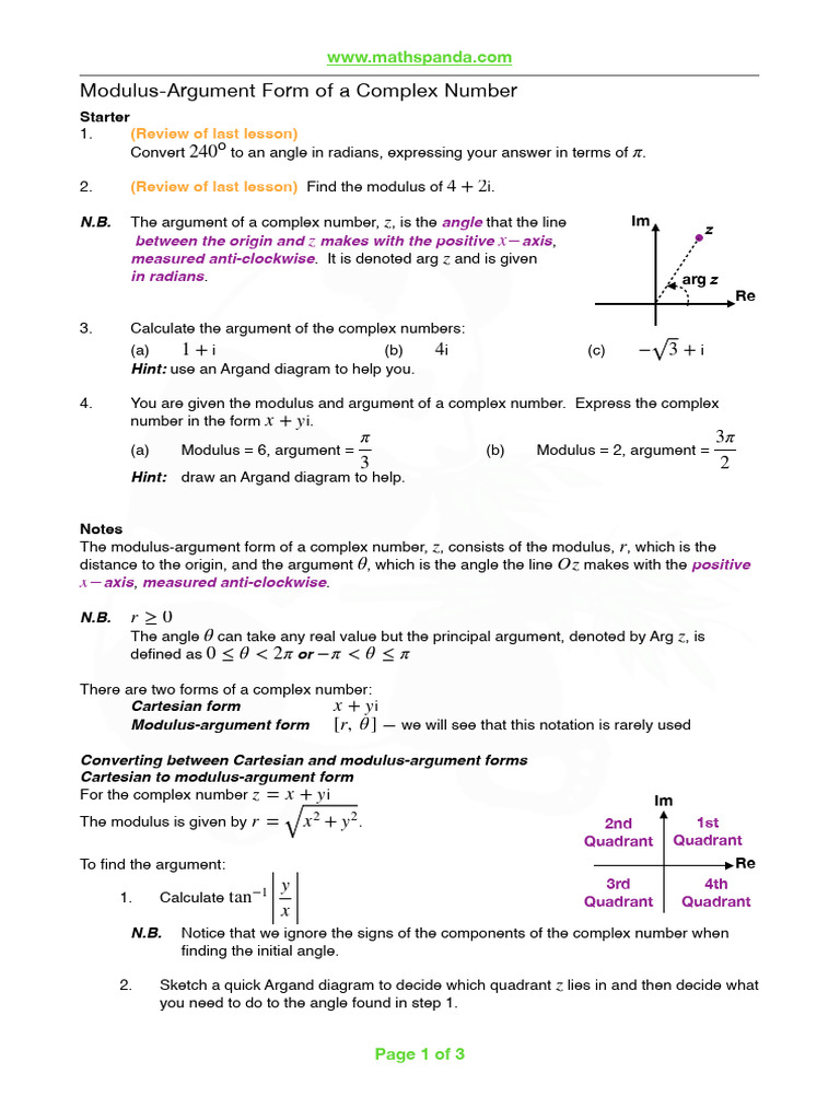 Modulus-Argument Form of Complex Numbers | PDF | Complex Number | Angle