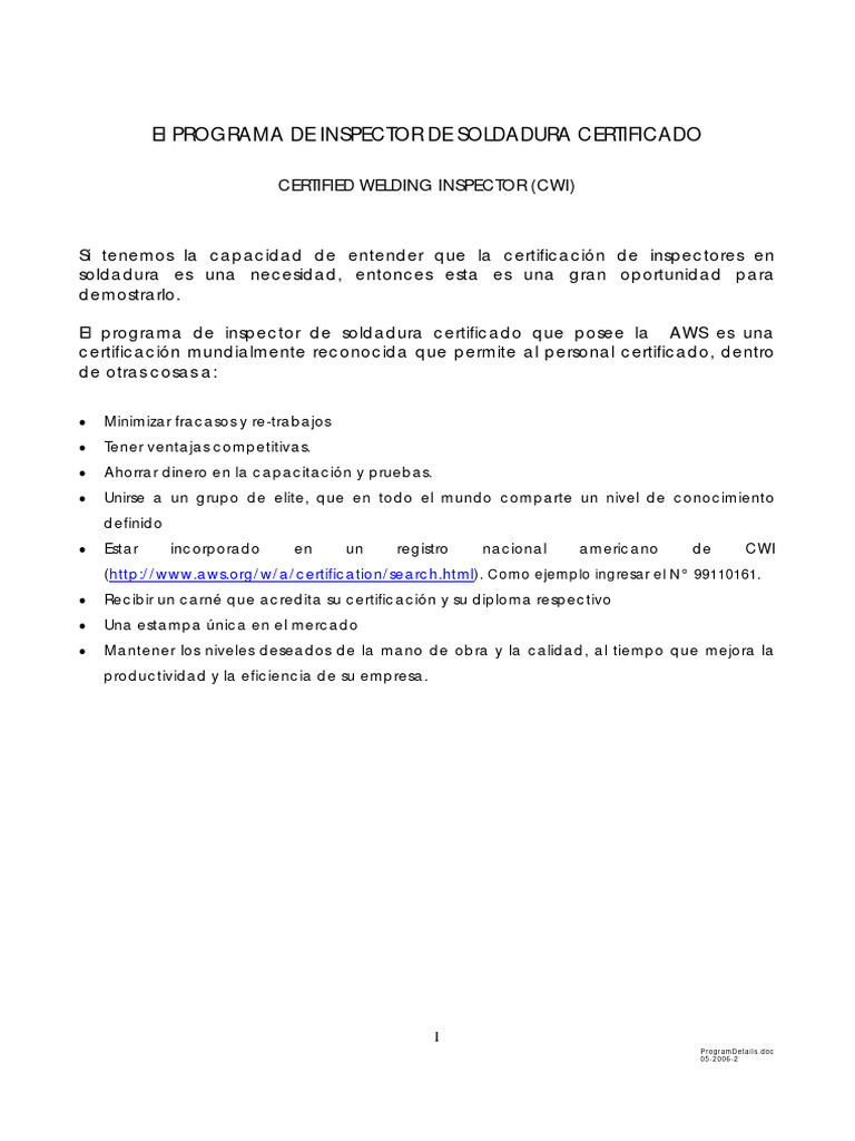 Programa de Inspector CWI Certificado | PDF | Soldadura | Construcción