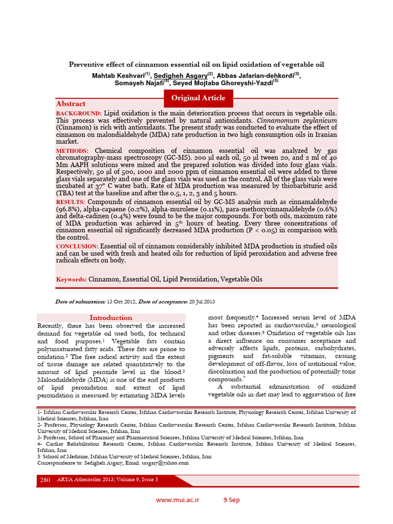 Preventive Effect of Cinnamon Essential Oil On Lipid Oxidation of