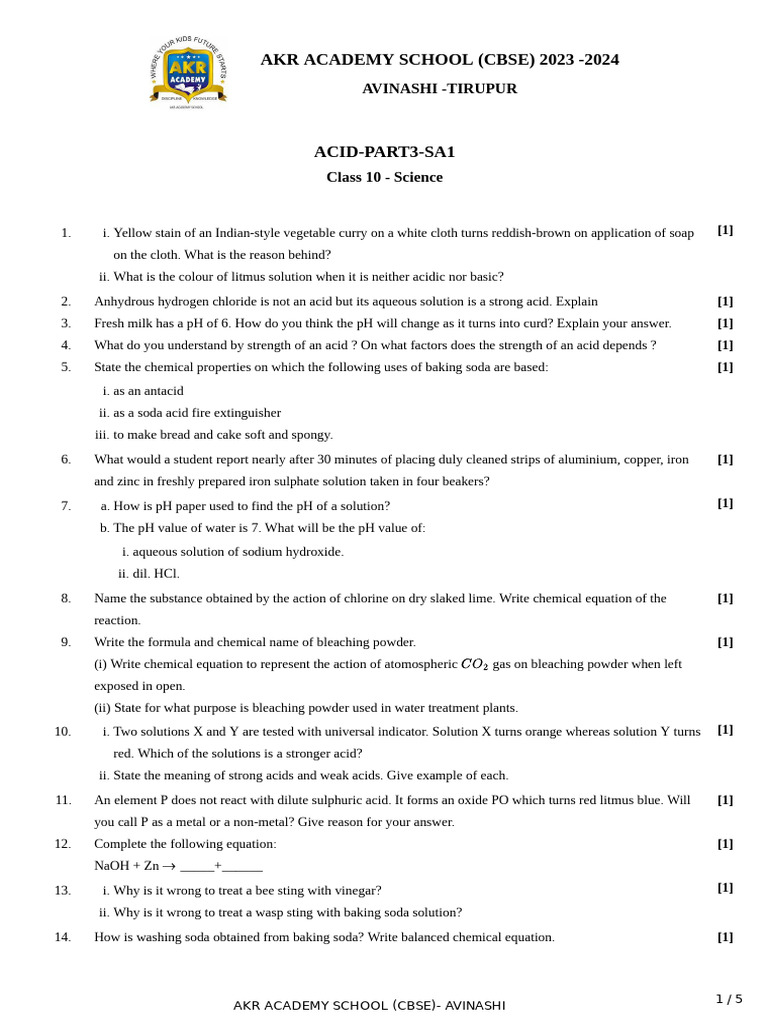 Class x chemistry question 989571 acid sa1 pdf ph acid