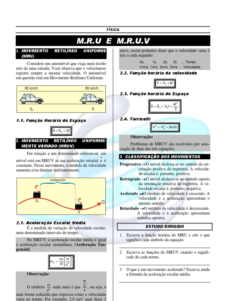 Exercícios MRUV | PDF | Velocidade | Velocidade
