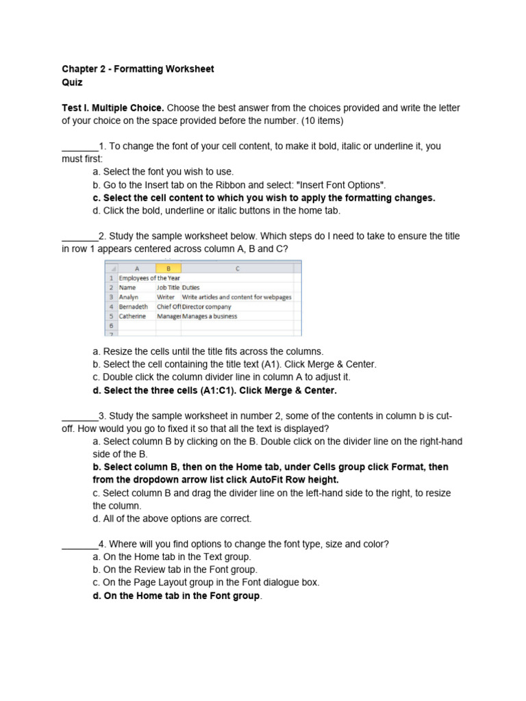 Formatting Excel Worksheets Quiz | PDF | Page Layout | Typography