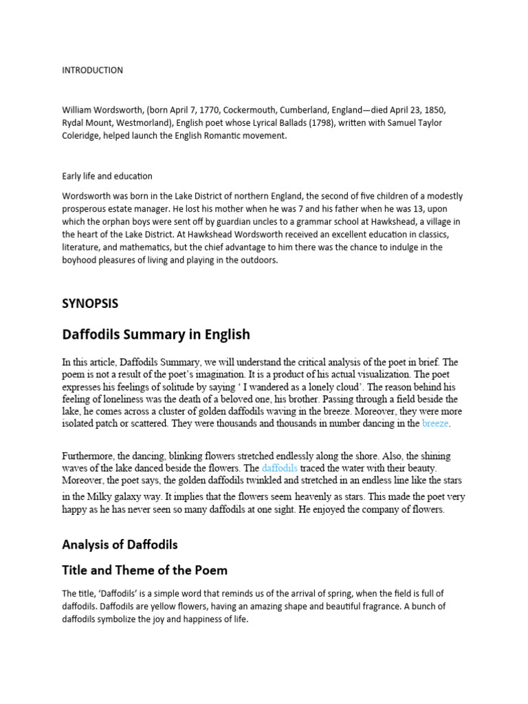 Analysis of Wordsworth's Daffodils Poem | PDF | William Wordsworth | Poetry