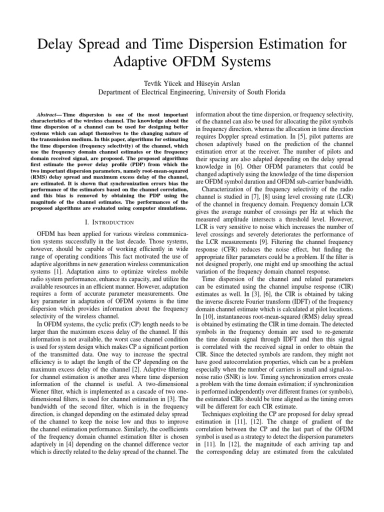 Delay Spread and Time Dispersion Estimation For Adaptive OFDM Systems ...