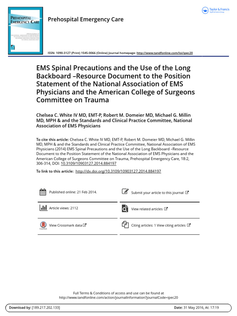 EMS Spinal Precautions and The Use of The Long Backboard PDF Spinal
