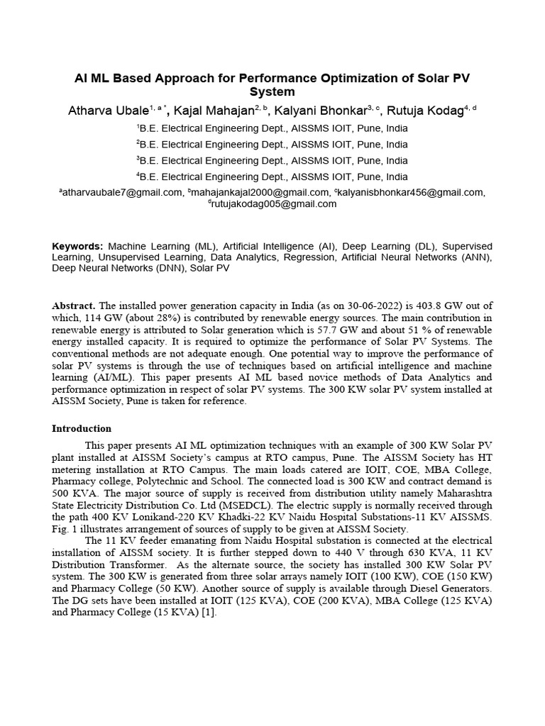 AI ML Based Approach For Performance Optimization of Solar PV System ...
