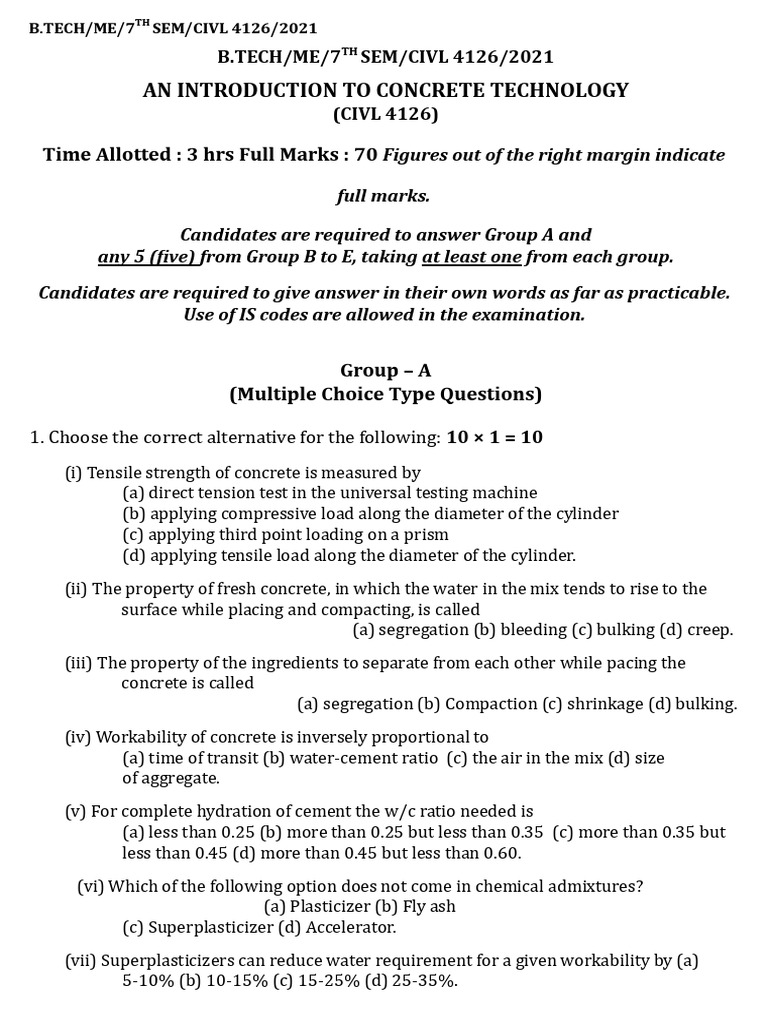 Introduction to Concrete Technology Exam | PDF | Concrete | Composite ...