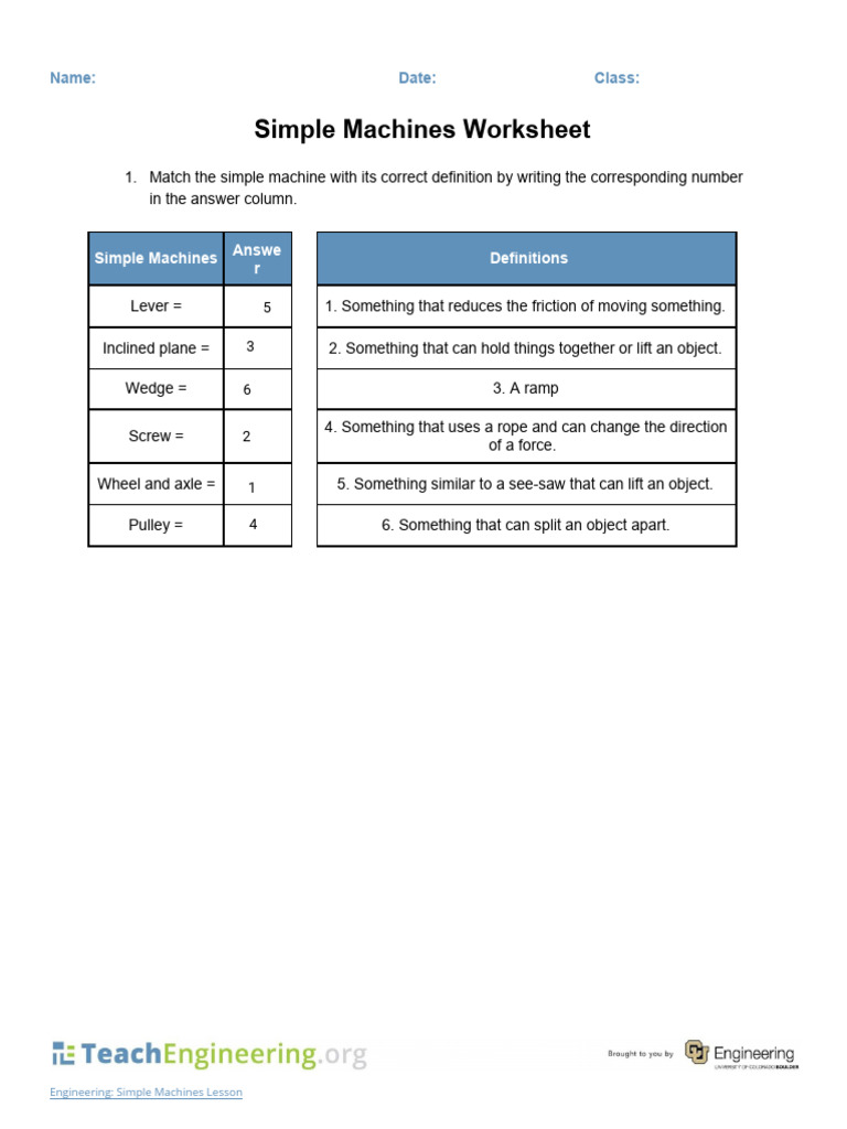 Simple Machines Worksheet | PDF
