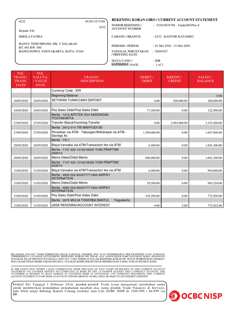E-Statement 232810035708 2020may | PDF | Debit Card | Transaction Account