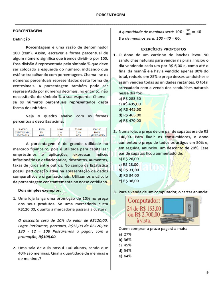 Aula de Porcentagem | PDF | Percentagem | Economias