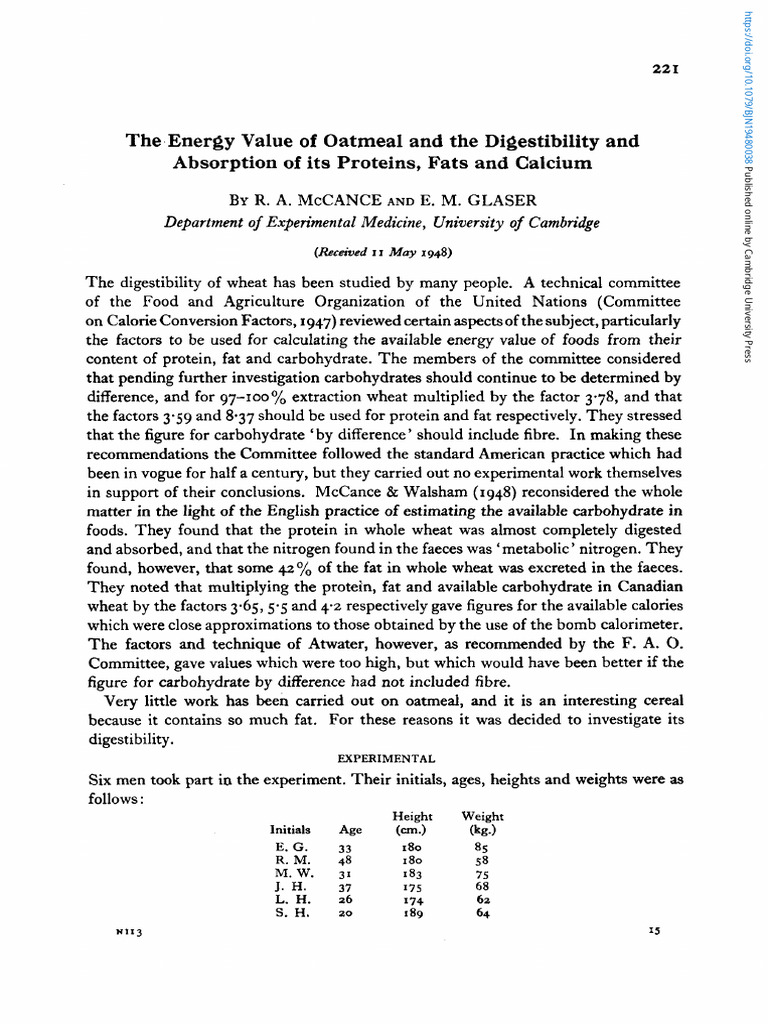 Energy Value of Oatmeal and The Digestibility and Absorption of Its