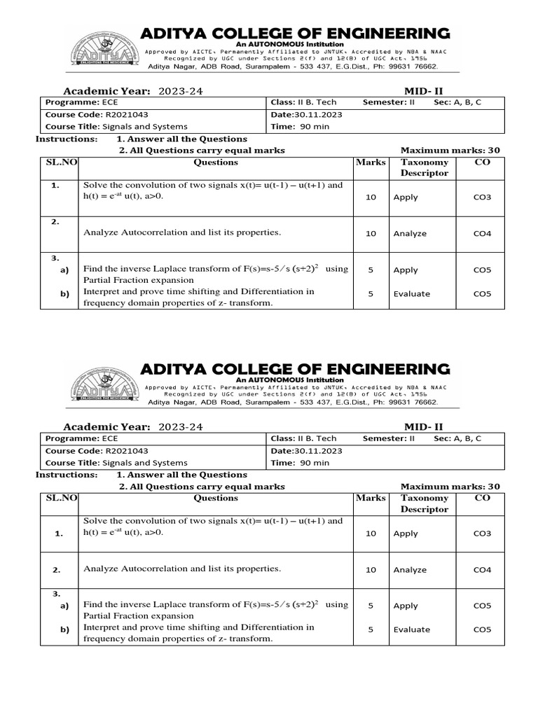 Signals Question Paper PDF Convolution Electronic Engineering