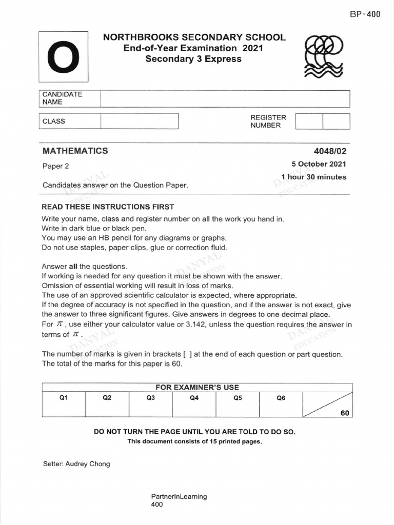 Sec 3 Express Math EOY Exam 2021 | PDF | Mathematics