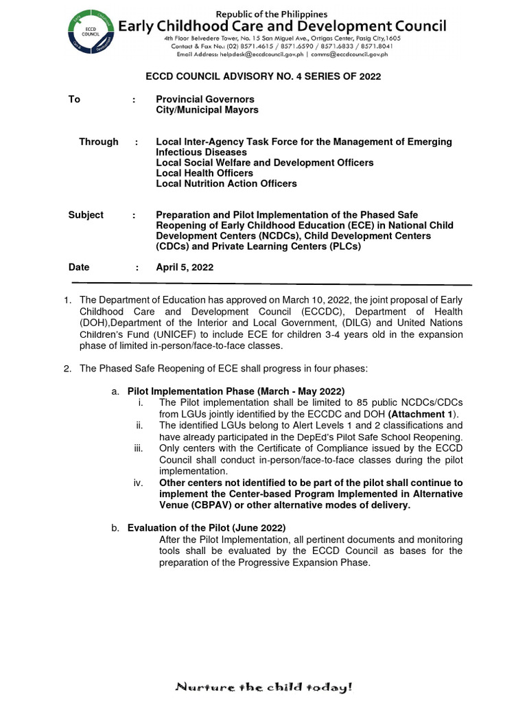 ECCDC Advisory No. 4 Series of 2022 1 | PDF | Finance & Money Management