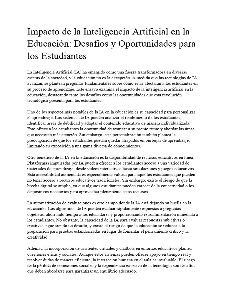 Impacto de la IA en la Educación Estudiantil | PDF | Inteligencia ...
