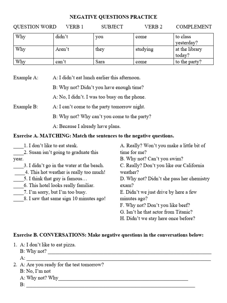 Negative Questions Practice Exercises | PDF | Grammar | Syntax