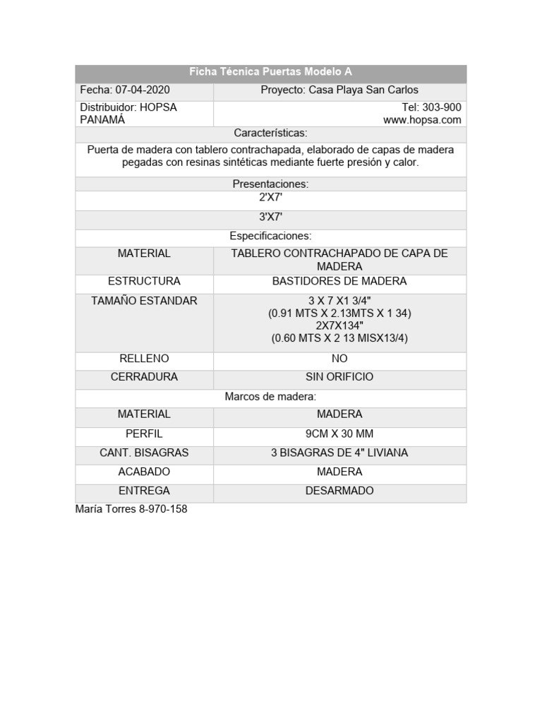 Ficha Técnica Puertas HOPSA | PDF | Madera | Acero