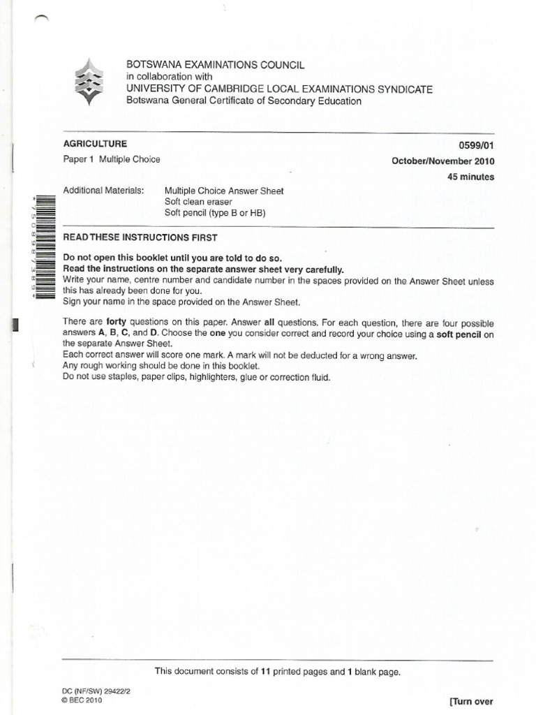 Bgcse Agric Paper 1 2010 | PDF