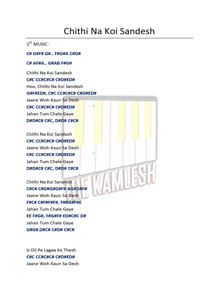 Chithi Na Koi Sandesh (Piano Notes   Rhythm) PDF