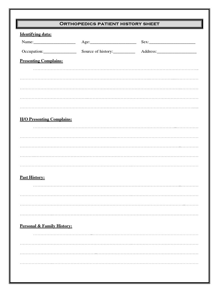 Orthopedics Patient History Sheet PDF Physical Examination Health