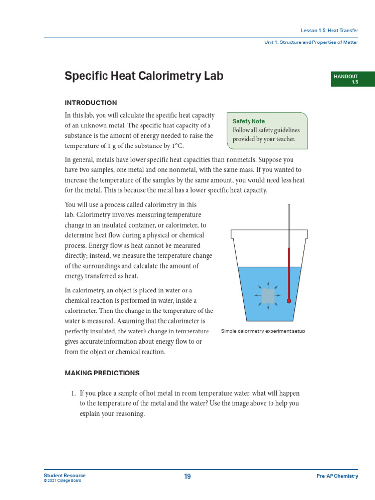Hand Out 1.5 Specific Heat Calorimetry Lab PDF Heat Calorimetry