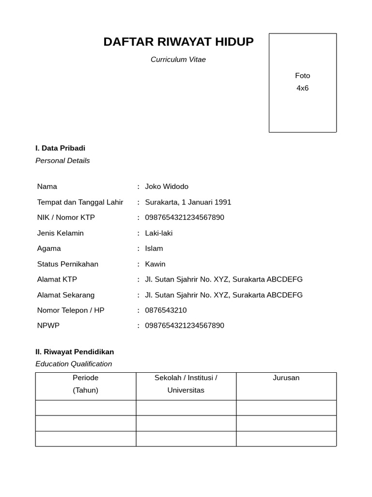 Contoh Daftar Riwayat Hidup | PDF