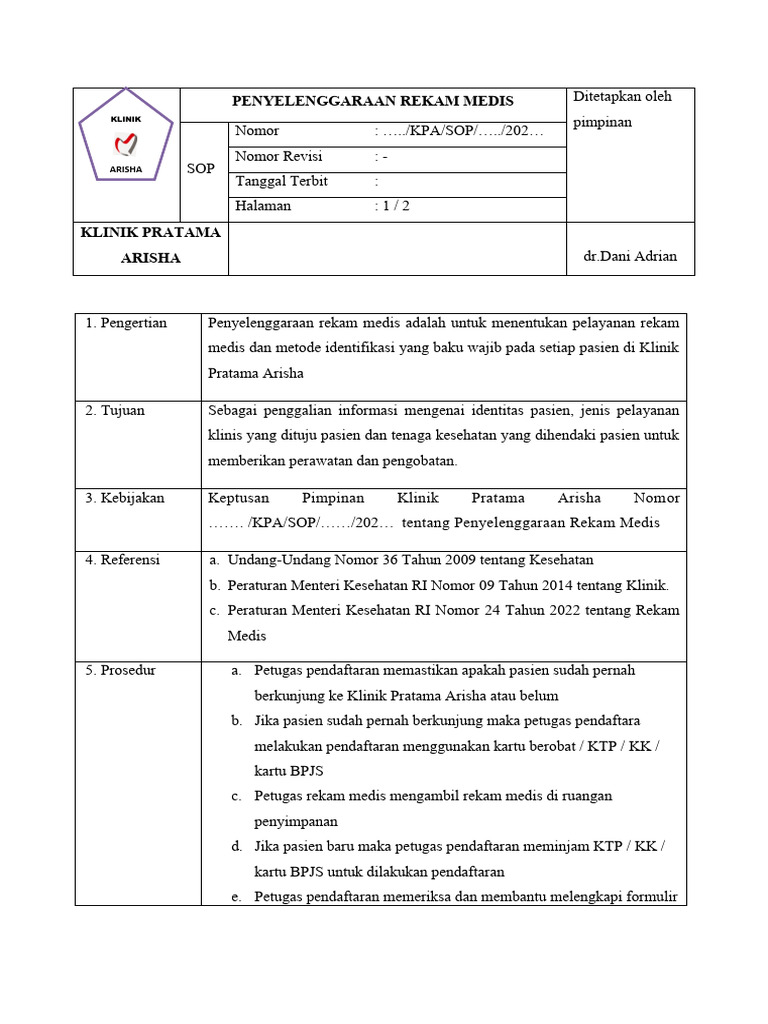 Sop Penyelenggaraan Rekam Medis Pdf