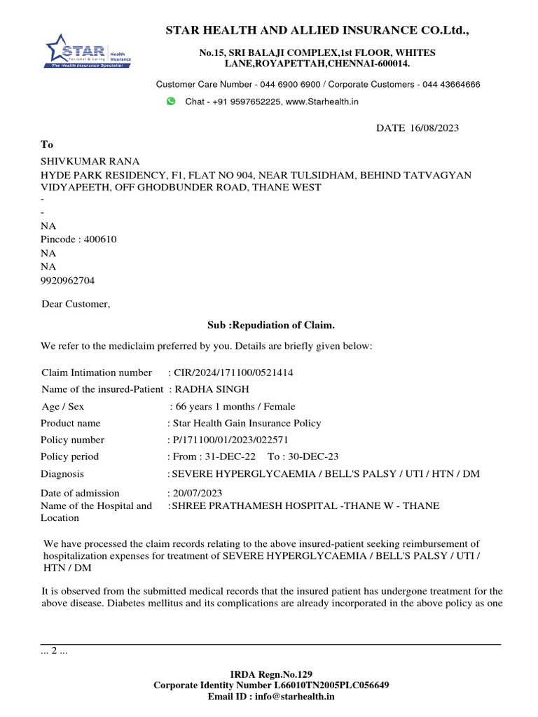 RejectionLetterCIR 2024 171100 0521414 | PDF | Insurance | Health Sciences