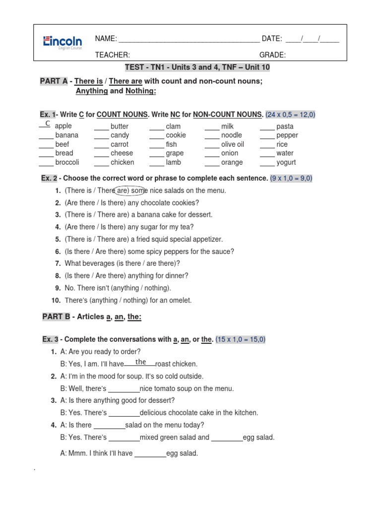 Grammar And Noun Usage Test Pdf Foods Food And Drink