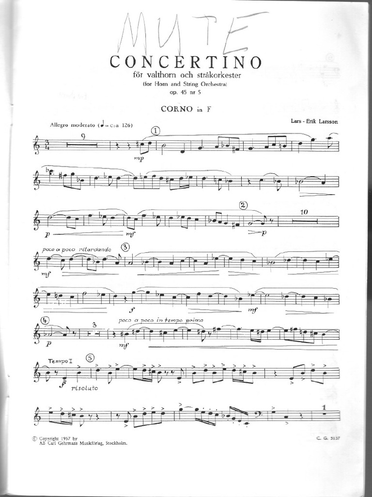 Larsson - Concertino For Horn and Strings Op.45 - Horn and Piano | PDF