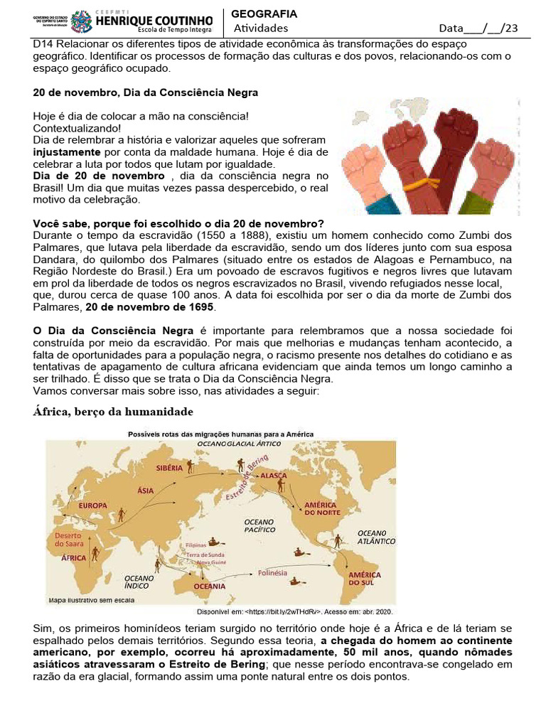 Suporte Geográfico - 6 Atividade Consciência Negra em PDF - modelo II Link