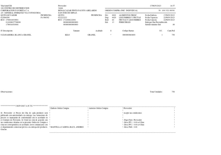 Orden de Compra Alimentos Frescos 2023 | PDF
