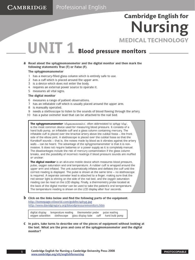Cambridge English For Nursing Medical Technology Intermediate Unit1