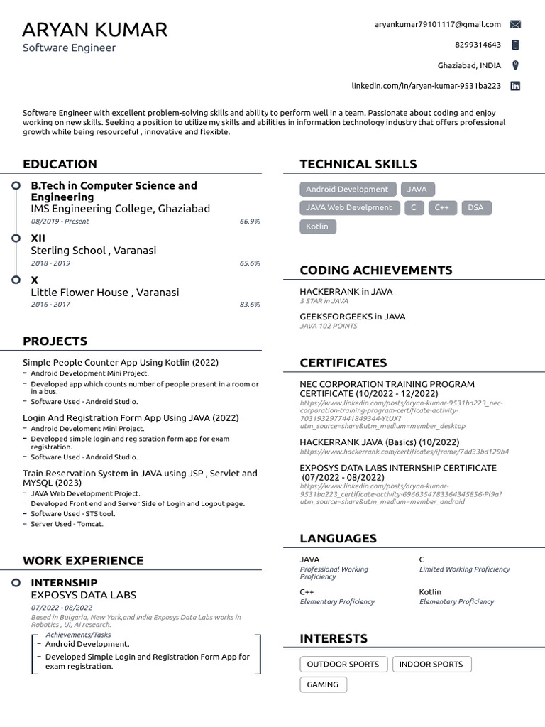 Aryan Kumar: Software Engineer Profile | PDF | Java (Programming ...