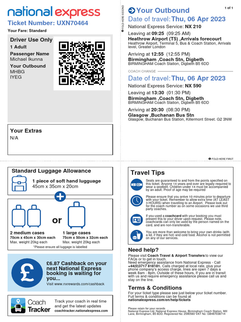 Coach Ticket UXN70464 | PDF | Public Services | Land Transport