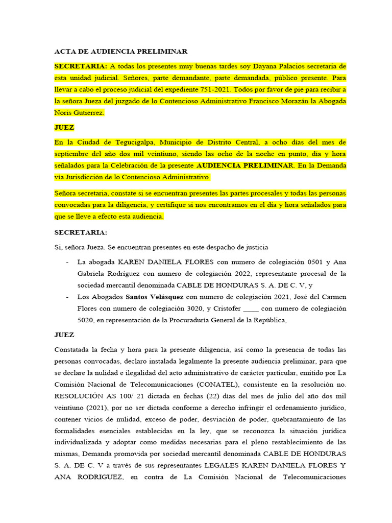 Acta de Audiencia Preliminar en Honduras | PDF | Demanda judicial ...
