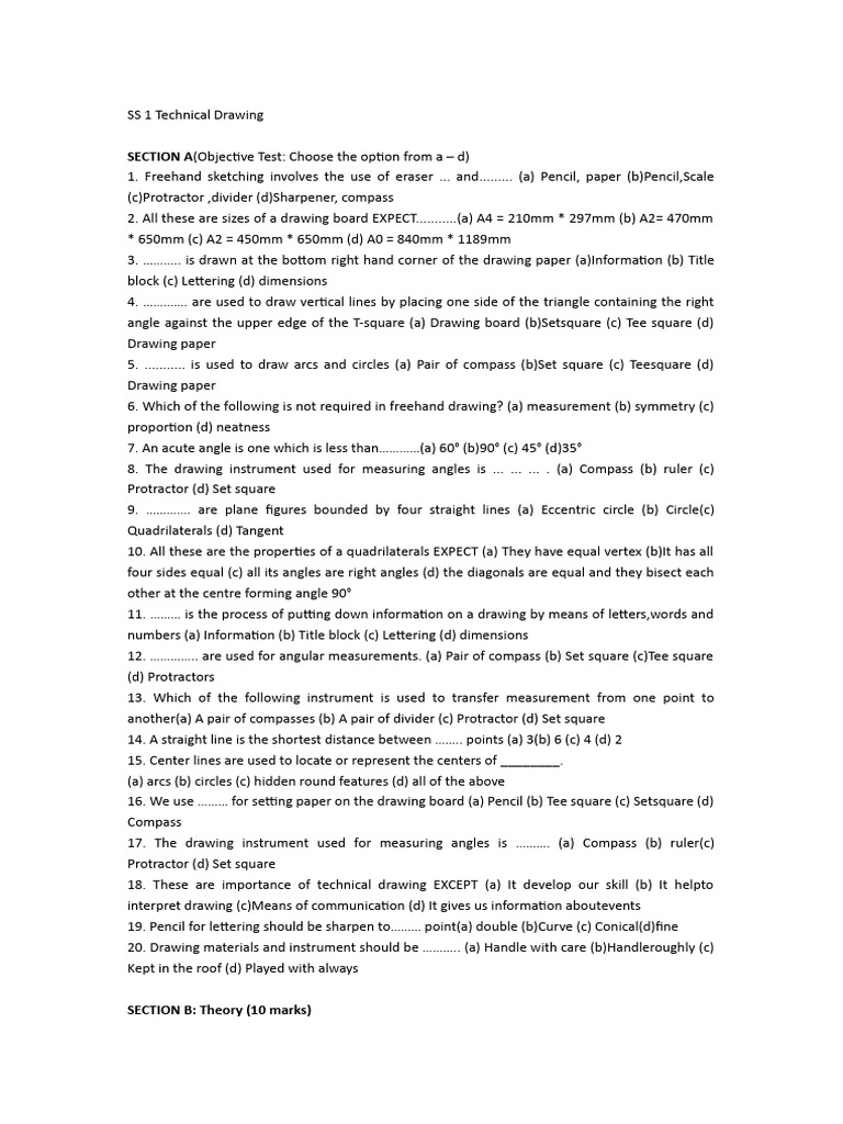 Ss 1 Technical Drawing Exam PDF Angle Technical Drawing