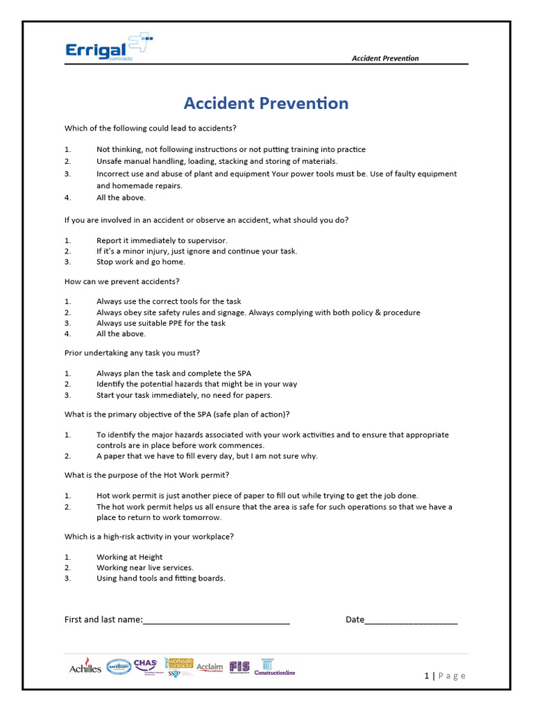 Accident Prevention Quiz English PDF