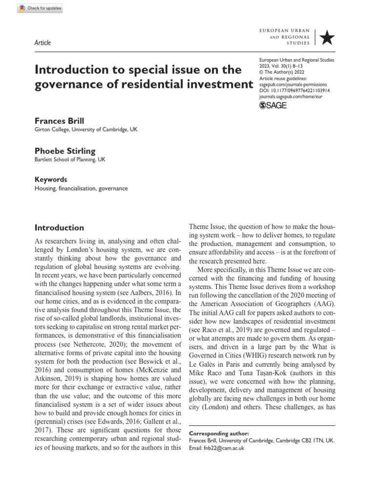 Governance of Residential Investment PDF Investing Governance
