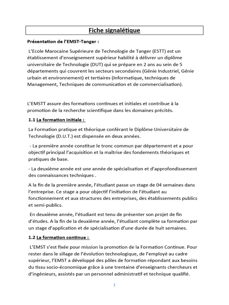 Fiche signalétique de l'EMST-Tanger | PDF | Management de la qualité ...