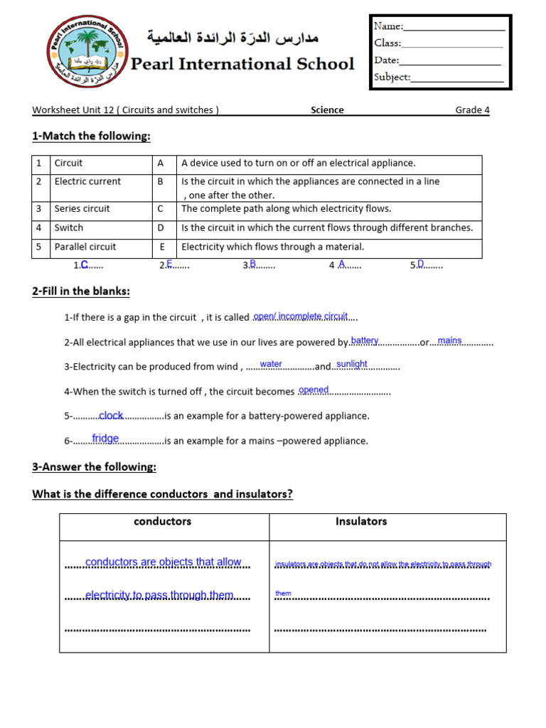 Worksheet Unit 12.pdf Answers PDF Switch Electrical Conductor